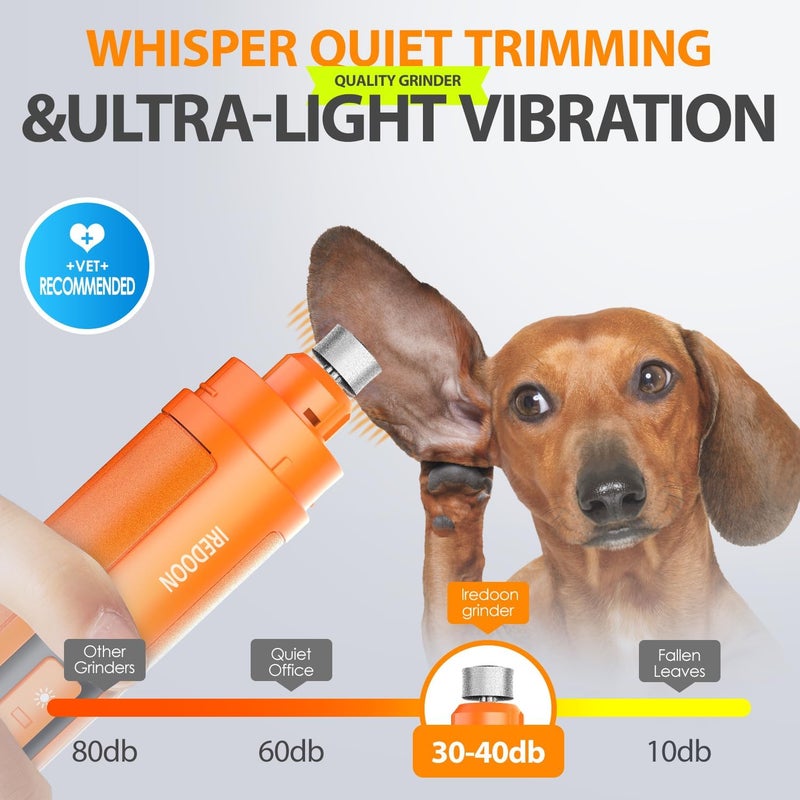 IREDOON Dog Nail Grinder Upgraded - Professional 3-Speed Super Quiet and Low Vibration Electric Pet Nail Grinder with 4 LED Lights - Painless Paws Grooming & Smoothing for Small to Large Dogs (Orange) - Image 5